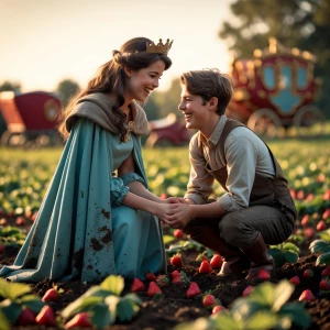 A princess in a simple, dirt-smudged cloak kneels in a sun-drenc...