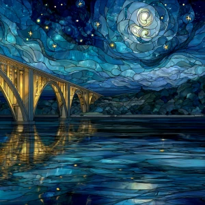 A celestial stained glass artwork depicting an illuminated bridg...