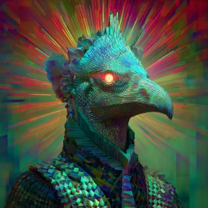 Square  psychedelic horror portrait of a humanoid figure crowned...