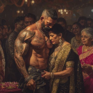 Hyperrealism painting.a muscular beefy sweaty tattoed indian man...