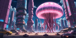 In the mauve-tinted oddball cloud city of a digital anime, tower...