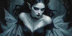 A ghastly gothic nymph emerges from the darkness, her ethereal b...