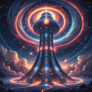 Amidst a swirling vortex of celestial energies, a towering, shim...