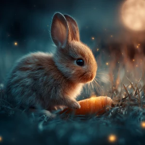 adorable baby rabbit discovering a softly glowing golden carrot...