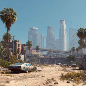 Generate an image of a vacant urban lot set in a futuristic land...