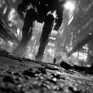 Dust-choked remains of a futuristic metropolis. Ground-level per...