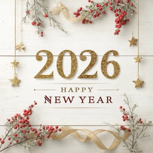 Elegant New Year 2026 greeting design on a soft white wooden tex...