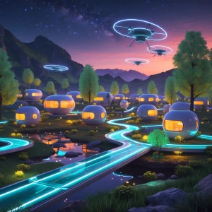 Un village futuriste dans un paysage naturel, avec des maisons f...