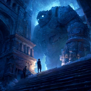 Concept art. A colossal stone golem, intricately carved with anc...