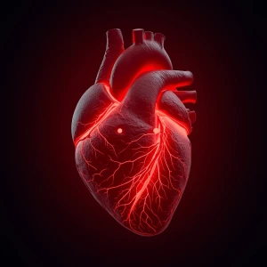 sad tired glowing human heart with emotional face, soft red ligh...