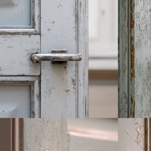 Photograph a single kitchen cabinet door close-up, showing sligh...
