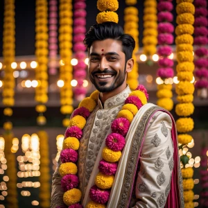 "A smiling man in elegant traditional Indian attire (cream kurta...