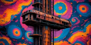 A rusting, twisted space elevator rises stoically against a back...