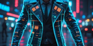 A time-warped wild digital detective, his holographic trench coa...