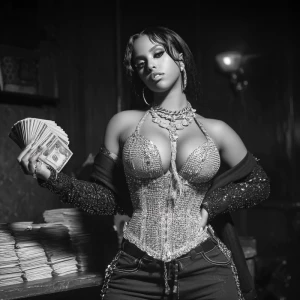 Make a bold professional style album cover art for female rapper...