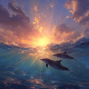 Baby dolphins chasing sun ray in the ocean water crest