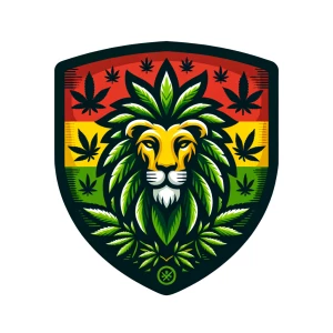 Generate an image of a lion made out of cannabis leaves, featuri...