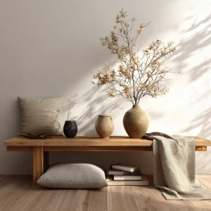 Generate a detailed image of a minimalist Japandi furniture setu...