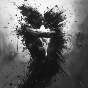 A dynamic, emotionally charged monochrome painting of two figure...