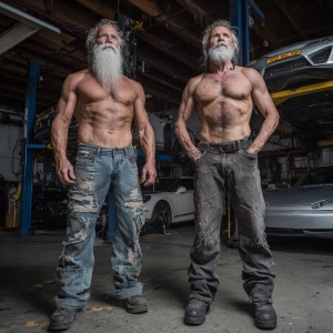 Two bodybuilder’s with big arms, big chest hairy chest wearing d...