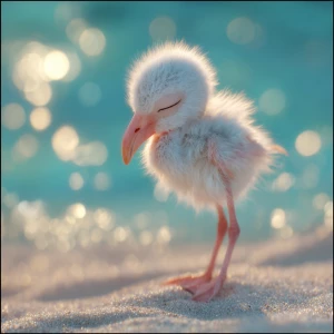 A few days old baby flamingo named Flan, with soft pale-gray chi...