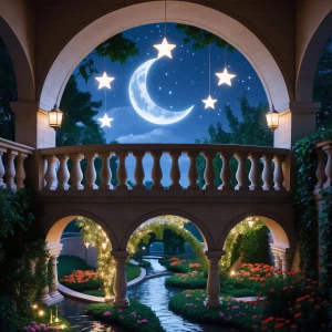 Create an elegant scene featuring a balcony designed in the shap...