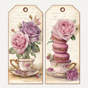 Victorian Mauve Rose Tea Tags – 2 Large Tags (Teacups, Macarons...
