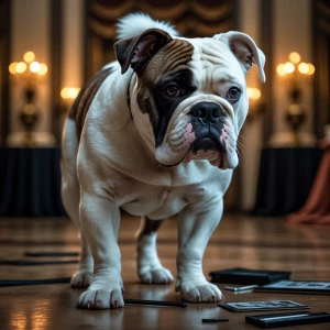 Generate an image of a female Alapaha Blueblood bulldog with whi...