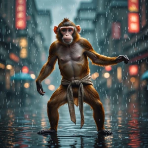 Monkey dressing up like a man, dancing in the rain