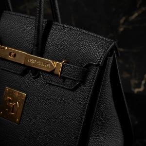 sculptural luxury handbag, deep black textured leather, visible...