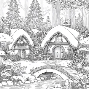 Whimsical fantasy garden scene in detailed black-and-white line...