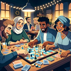 A group of people playing game. They're in a party and having a...