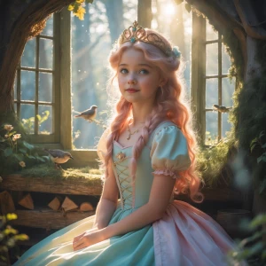"Teen Princess Aurora in cozy forest cottage, sunlight through w...