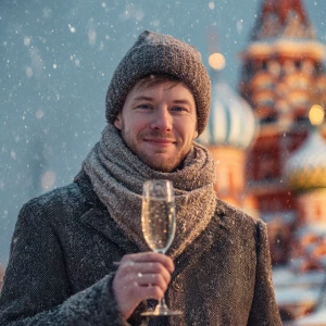A man standing on Moscow Red square, holding a sparkling glass o...