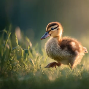 A baby call duck waddles gently through soft green grass in warm...
