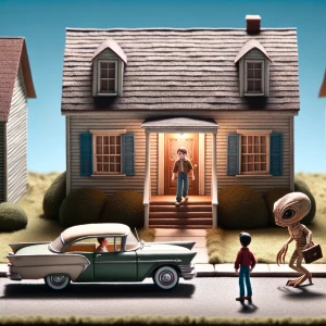 A boy walking out of his house and driving to a house in his car...