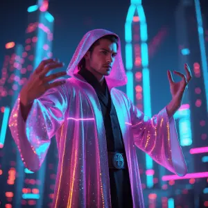 A retro-futuristic sorcerer, garbed in shimmering neon robes tha...