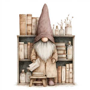 Vintage watercolor illustration, cozy valentine gnome librarian...