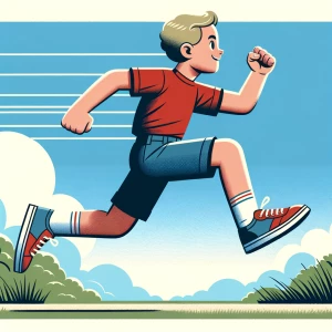Create an illustration showing a side view of a boy in motion, r...