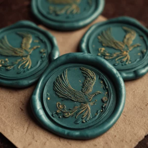 Prompt: Teal/duck-egg wax seals with pressed stylized ocelli emb...