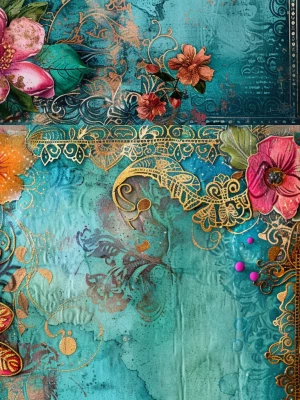 boho paisley floral mixed media junk journal page, right page jo...