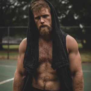 The image shows a man blond hair and beard with a muscular, hair...