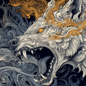 A hyper-detailed vector illustration of a feral demonic beast wi...