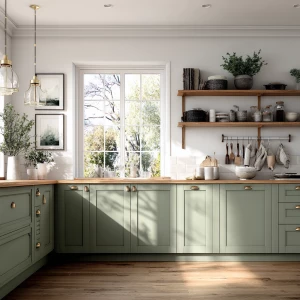 Generate a realistic image of a farmhouse kitchen showcasing sag...