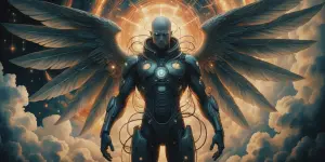 A nightmarish heavenly chrononaut, his metallic wings emitting a...