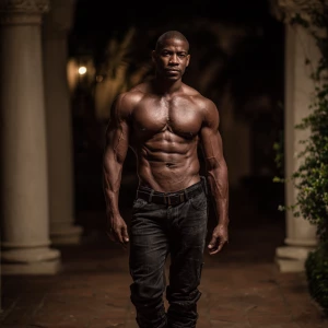 The image depicts a muscular,bodybuilder African American man st...