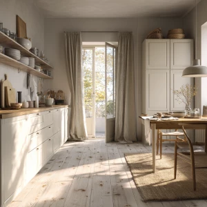 Create a serene Scandinavian kitchen scene with soft daylight ge...