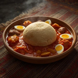 Epic photorealistic masterpiece, a traditional Libyan Bazeen mea...