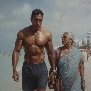 Hyperrealism,photo painting.a muscular sweaty indian man, walkin...
