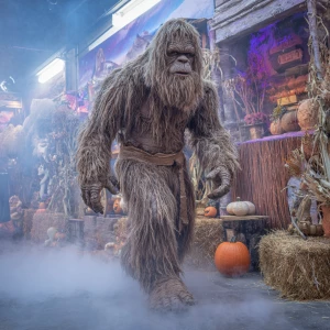 Show a humanoid looking haircovered  Sasquatch walking through a...